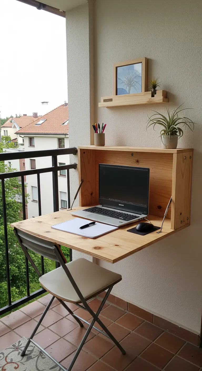 Bureau mural pliant en bois, installé sur un balcon.