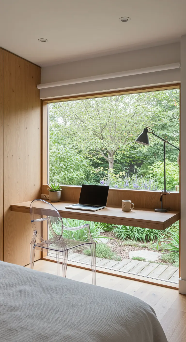 Bureau en bois clair installé devant une grande fenêtre donnant sur un jardin verdoyant.