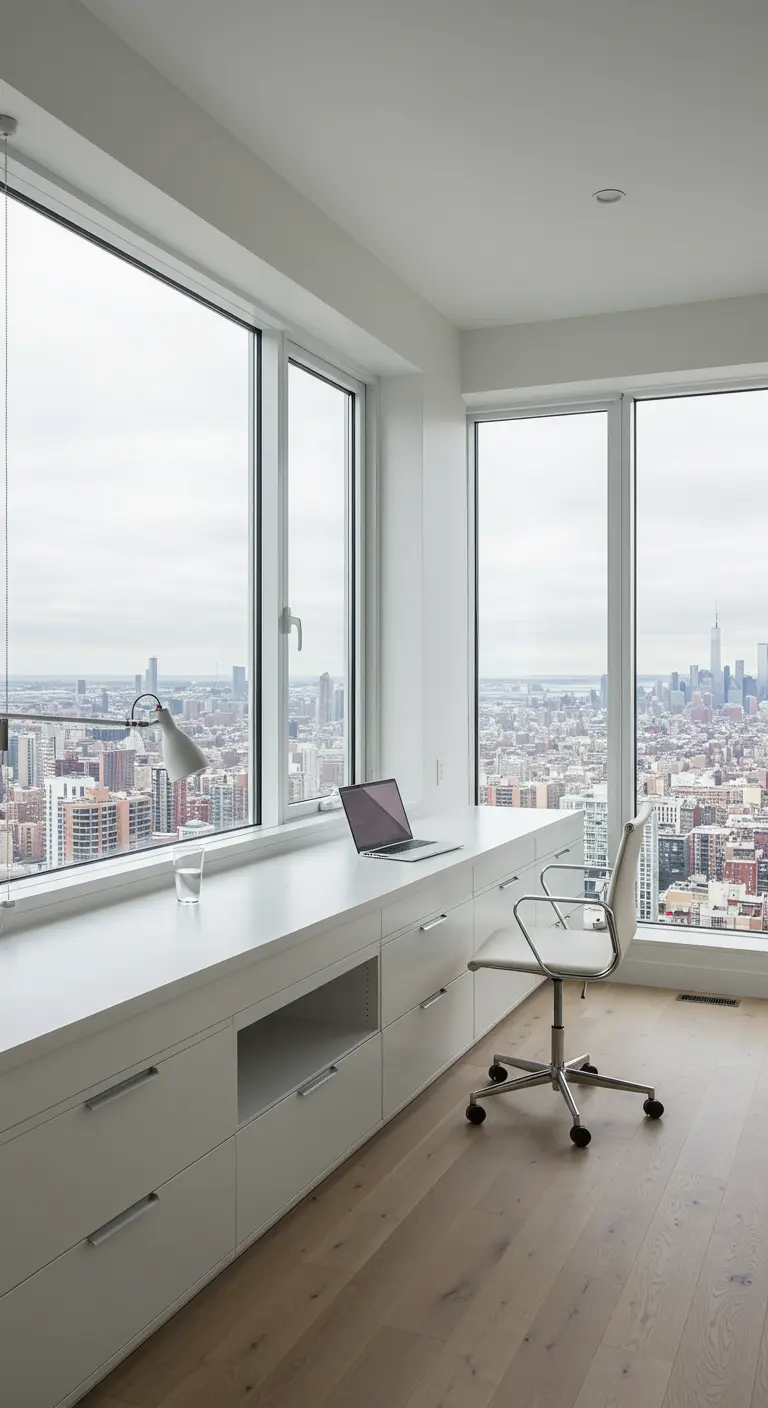 Long bureau blanc intégré sous une grande fenêtre avec vue sur la ville.