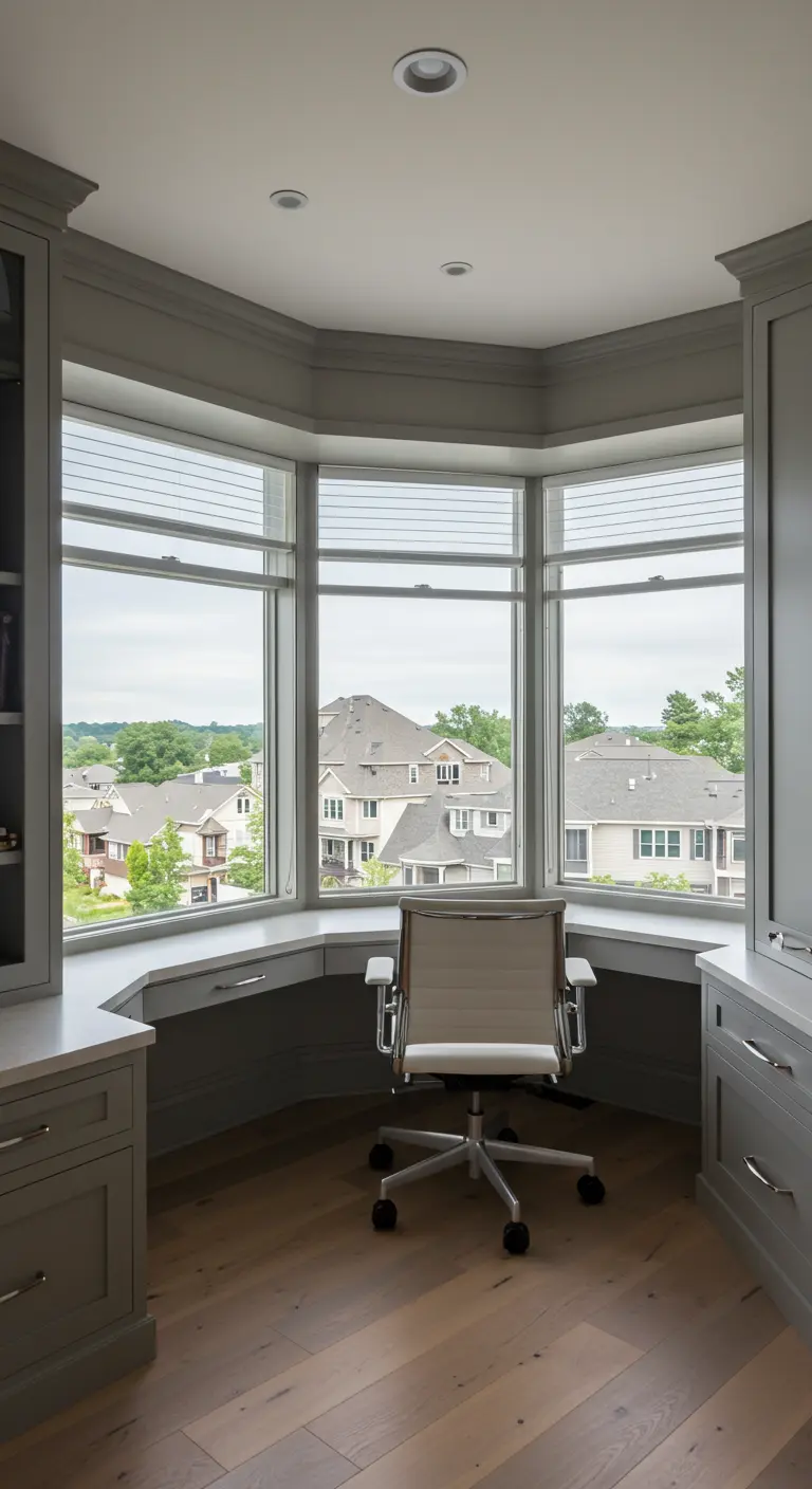 Bureau intégré dans une fenêtre en saillie avec une vue panoramique sur un quartier.
