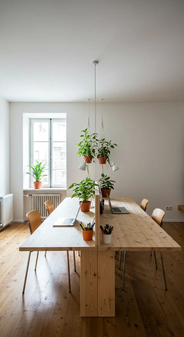 Long bureau en bois pour deux personnes avec des plantes suspendues.