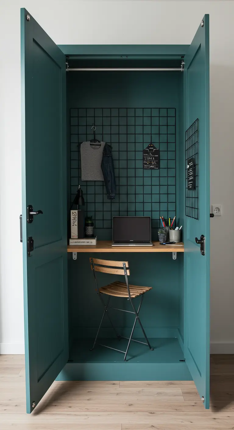 Un placard peint en bleu canard a été transformé en un petit bureau fonctionnel.