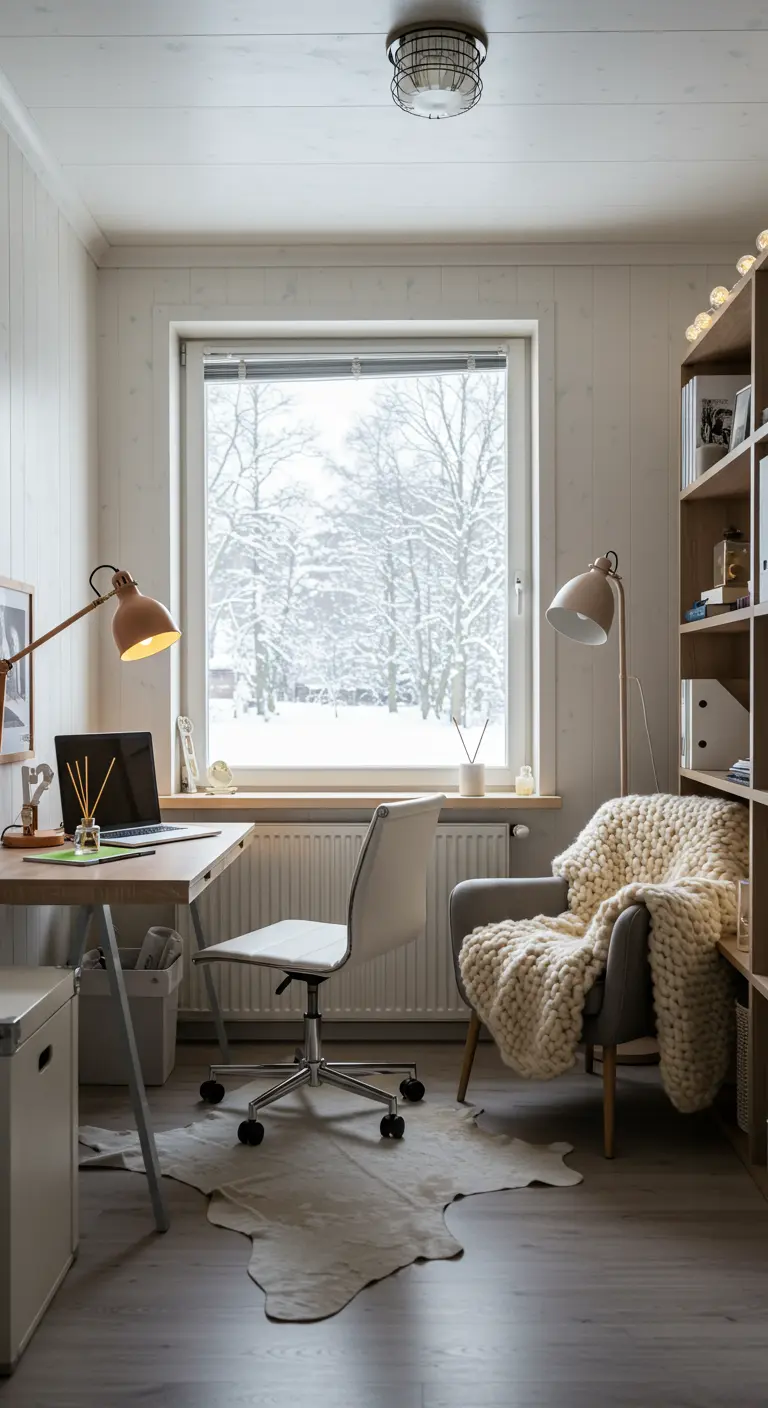 Bureau d'hiver avec plaid tricoté, peau de mouton et vue enneigée