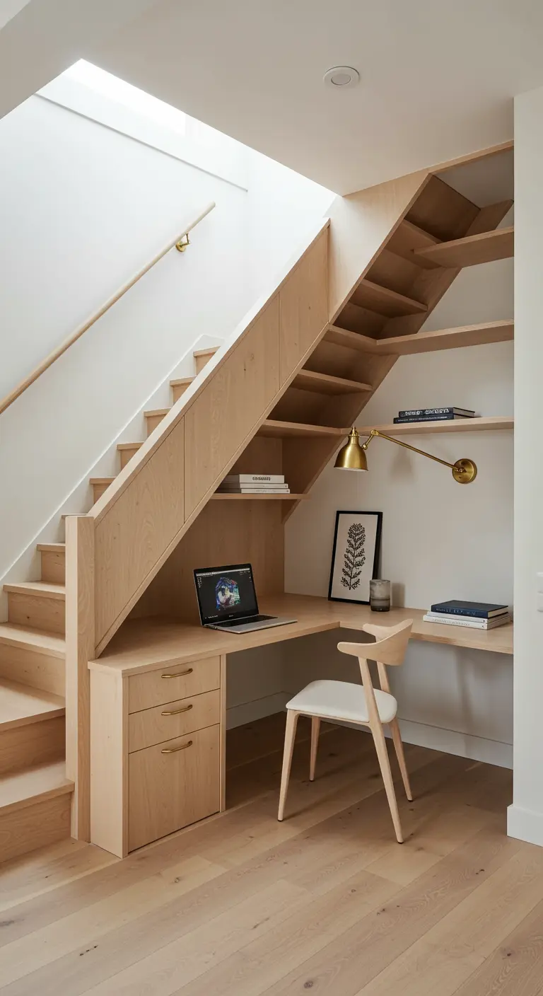 Bureau en bois clair intégré sous un escalier avec des étagères sur mesure.