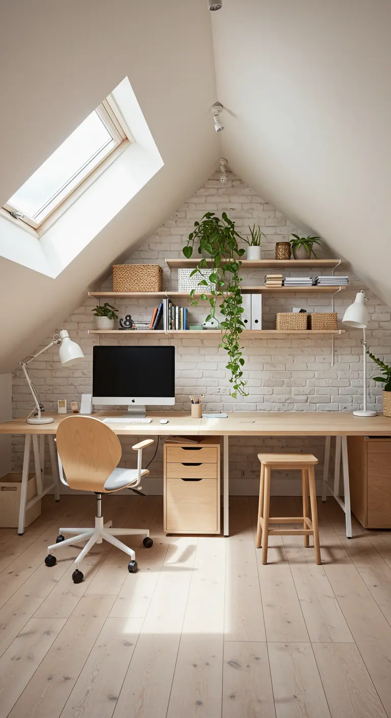 Bureau double sous les combles avec mur de briques blanches et plantes vertes.