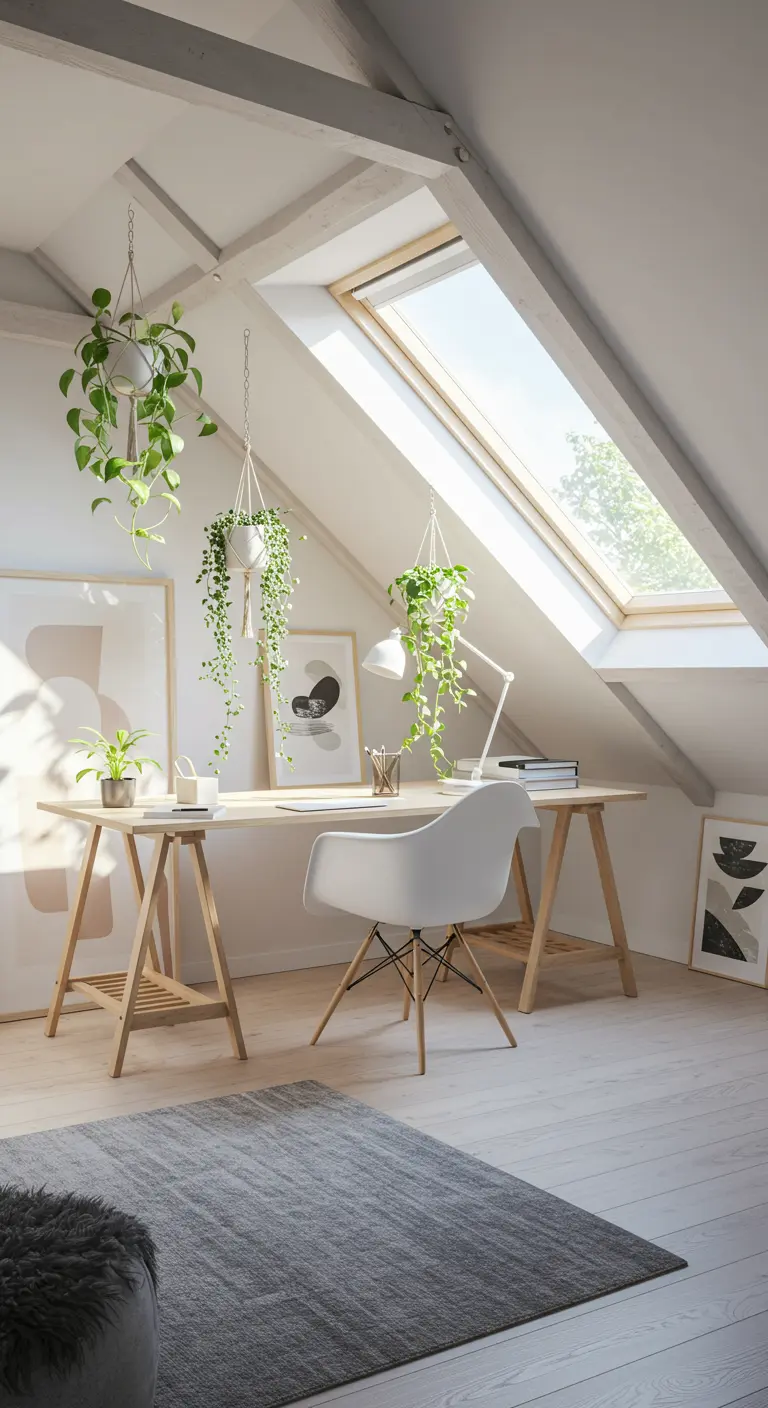 Bureau scandinave sous un velux avec plantes suspendues.