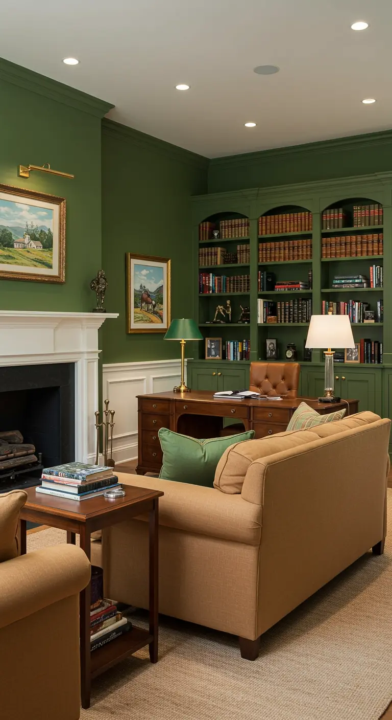 Bureau bibliothèque avec murs vert sauge, moulures et mobilier en bois.