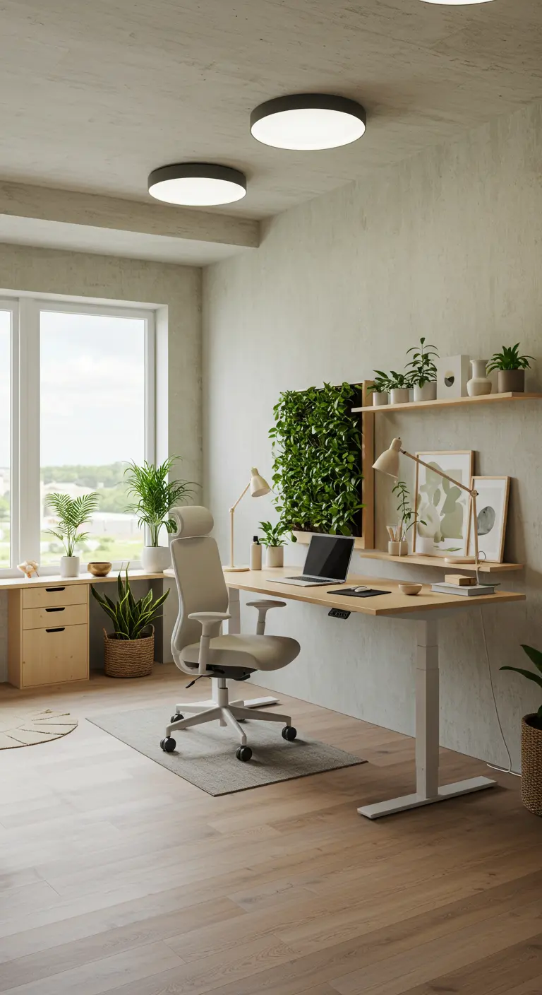 Bureau scandinave avec mur végétal, étagères et plantes d'intérieur