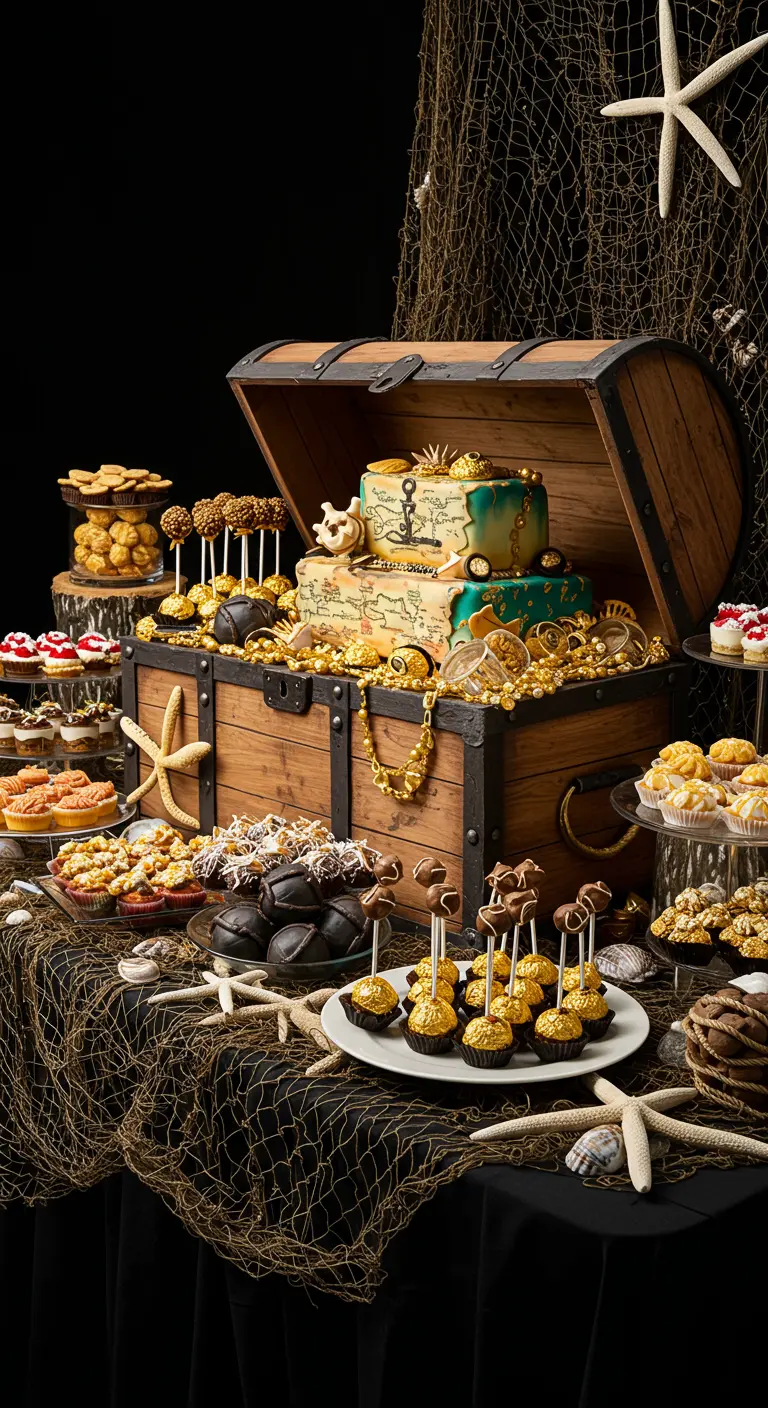 Buffet de desserts pirate avec un gâteau dans un coffre au trésor