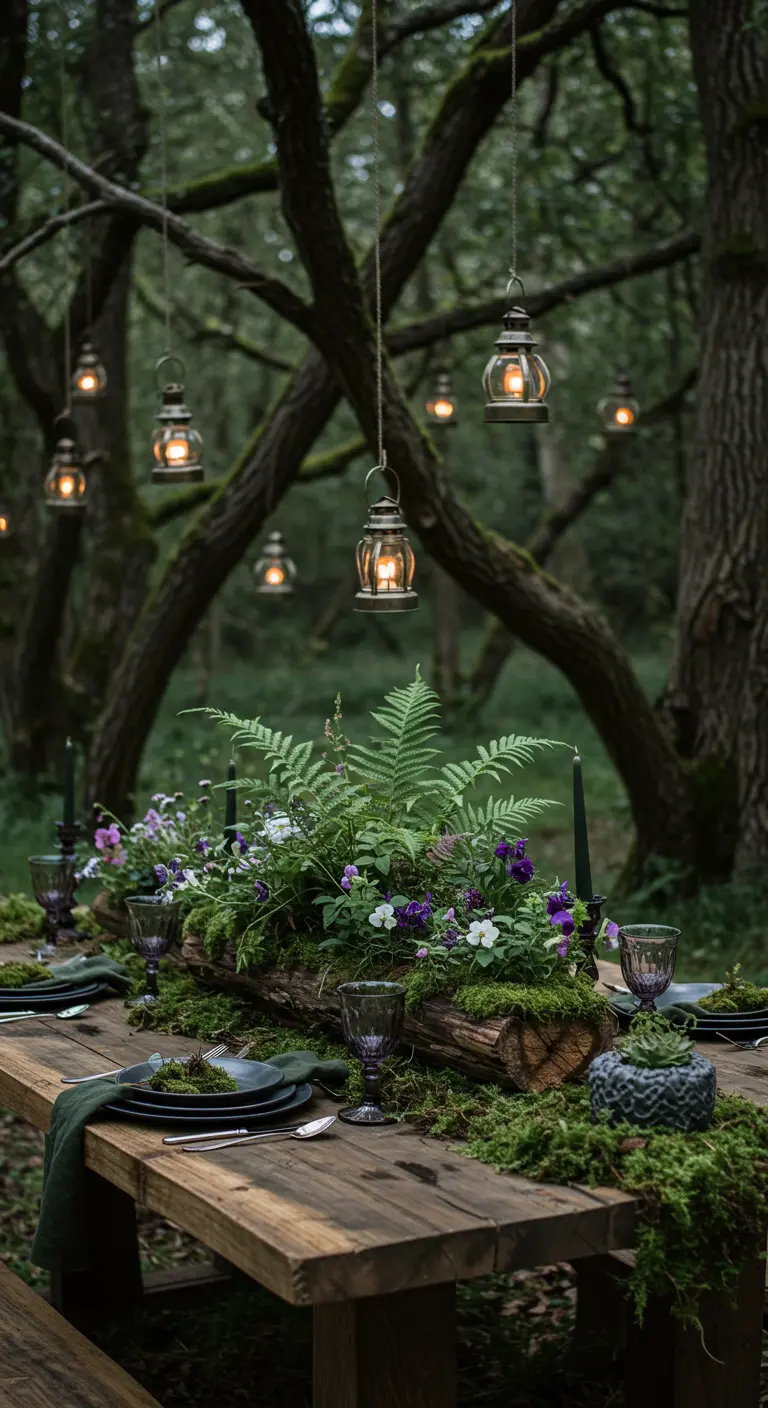 Centre de table fait d'une bûche avec mousse et fleurs dans une forêt.