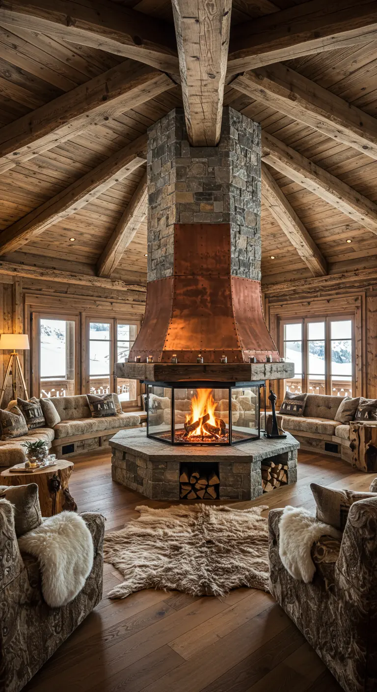 Grand salon de chalet avec cheminée centrale octogonale et hotte en cuivre.