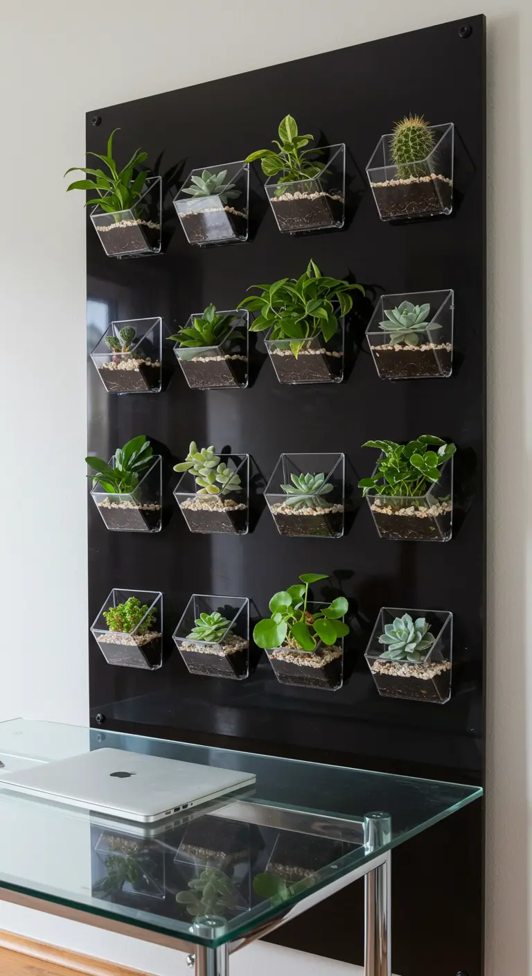 Un panneau mural noir avec une grille de petits contenants cubiques en acrylique remplis de succulentes.