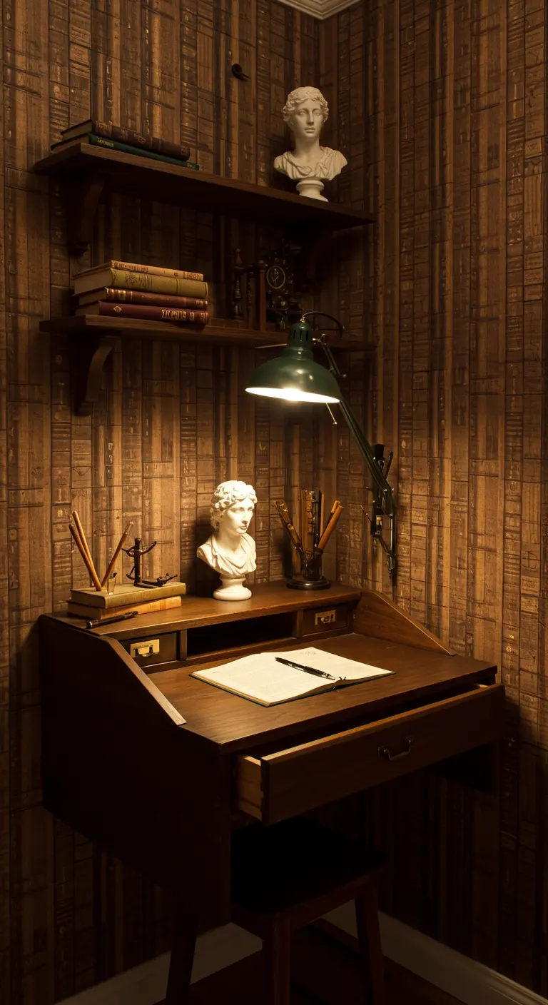 Bureau d'écrivain en bois sombre dans un coin avec un papier peint imitation bibliothèque.