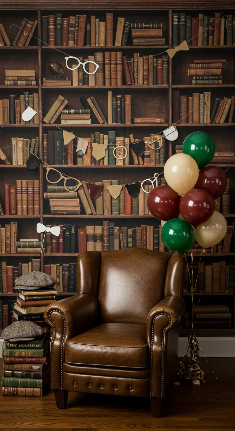 Photobooth thème bibliothèque avec un fond de livres, un fauteuil en cuir et des accessoires en papier.
