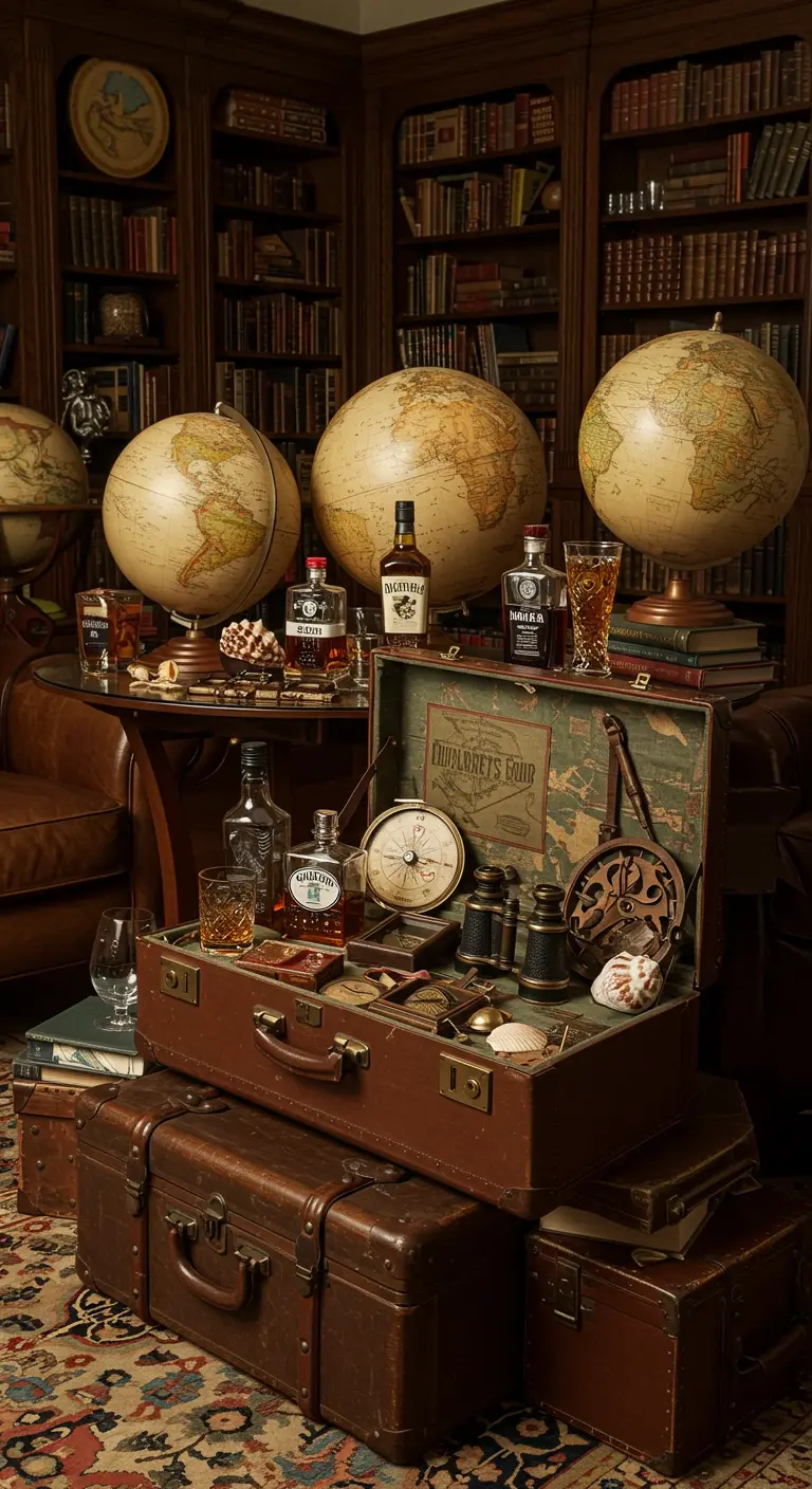 Mise en scène avec globes anciens, bouteilles de rhum et valise ouverte pleine d'instruments de navigation.
