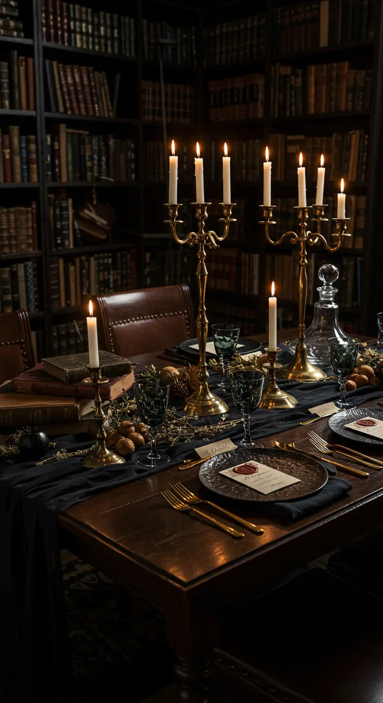 Table de fête sombre dans une bibliothèque, chandeliers dorés et livres anciens.