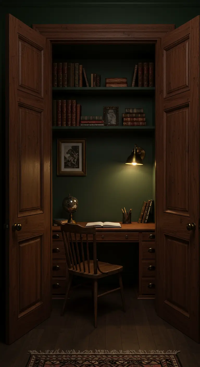 Bureau en bois sombre dans un placard peint en vert foncé, style bibliothèque ancienne.