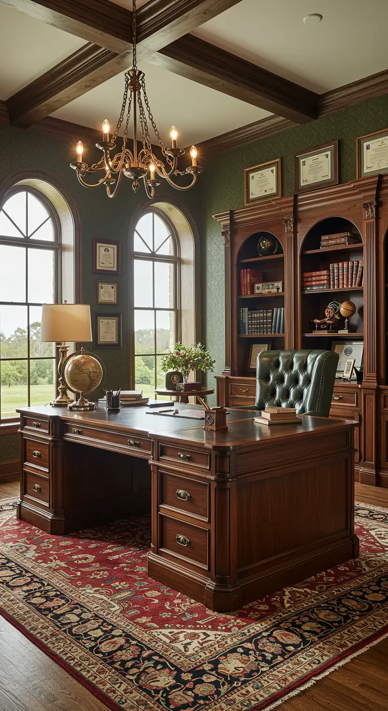 Bureau classique en bois sombre avec bibliothèque intégrée et chaise en cuir