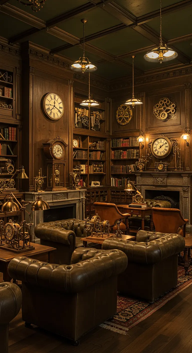 Cabinet Steampunk luxueux avec boiseries, canapés en cuir, horloges murales et de nombreux objets mécaniques.