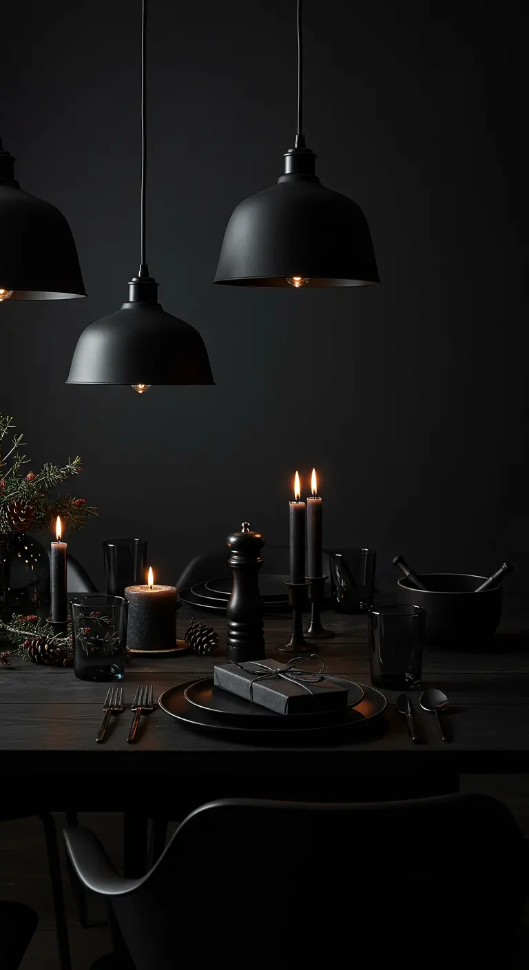 Table de fête monochrome noire, très chic, avec un petit cadeau emballé à chaque place.