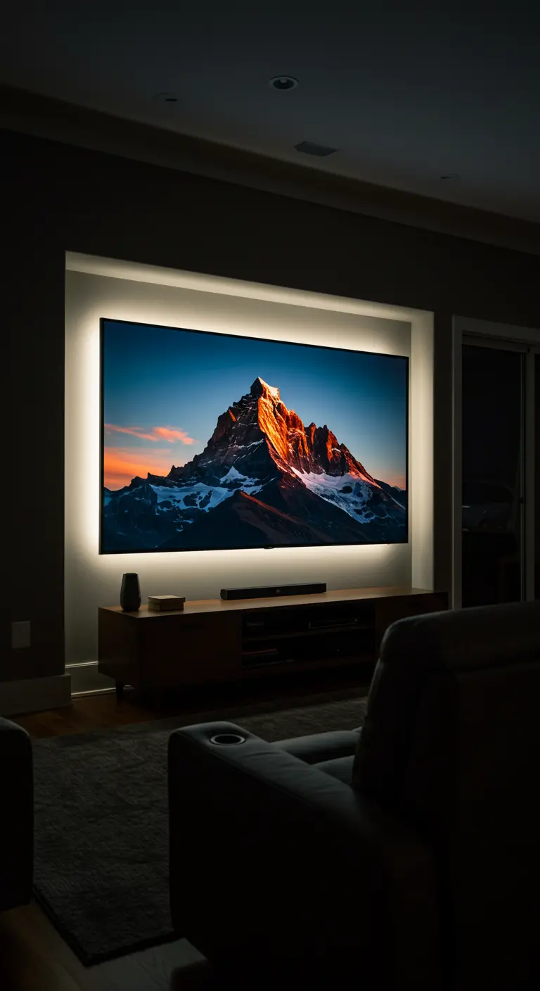 Un téléviseur mural avec un rétro-éclairage LED blanc créant un halo lumineux.