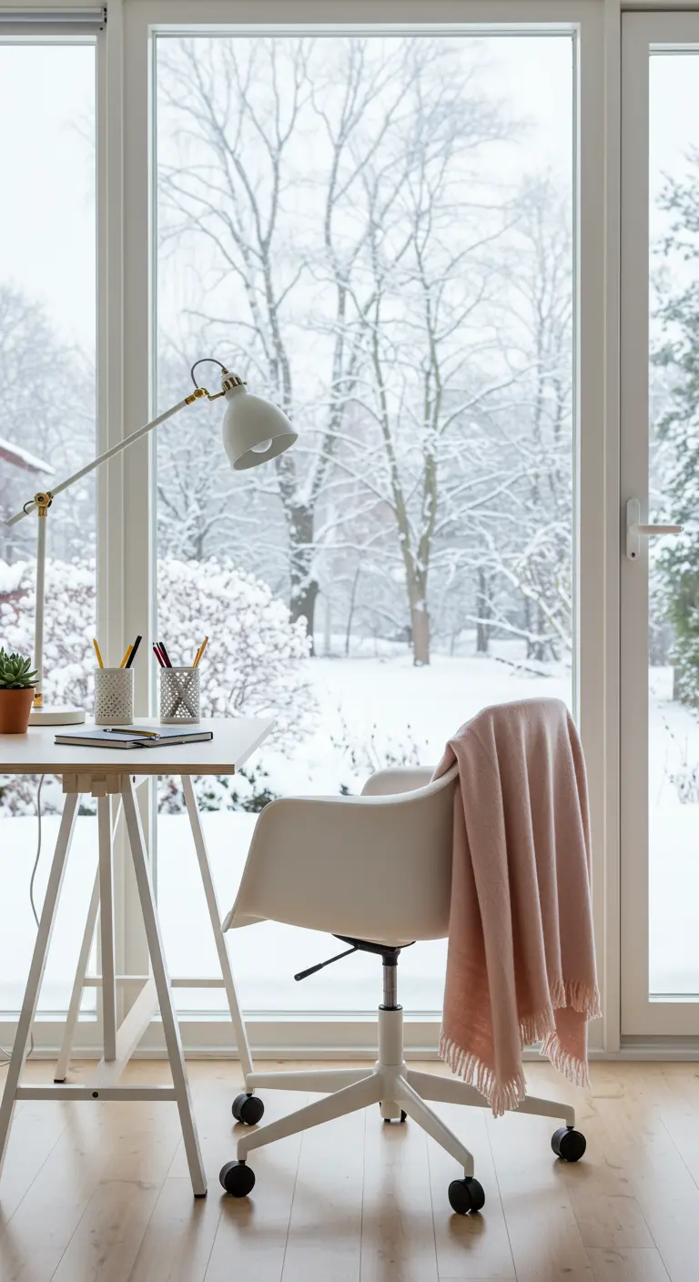 Bureau blanc devant une baie vitrée donnant sur un jardin enneigé, avec un plaid rose.