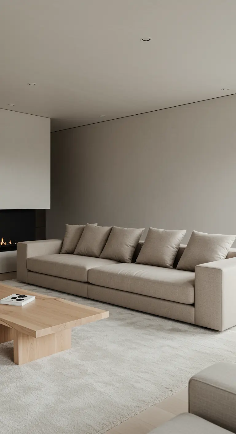Salon monochrome dans les tons de beige et taupe, avec un grand tapis clair.