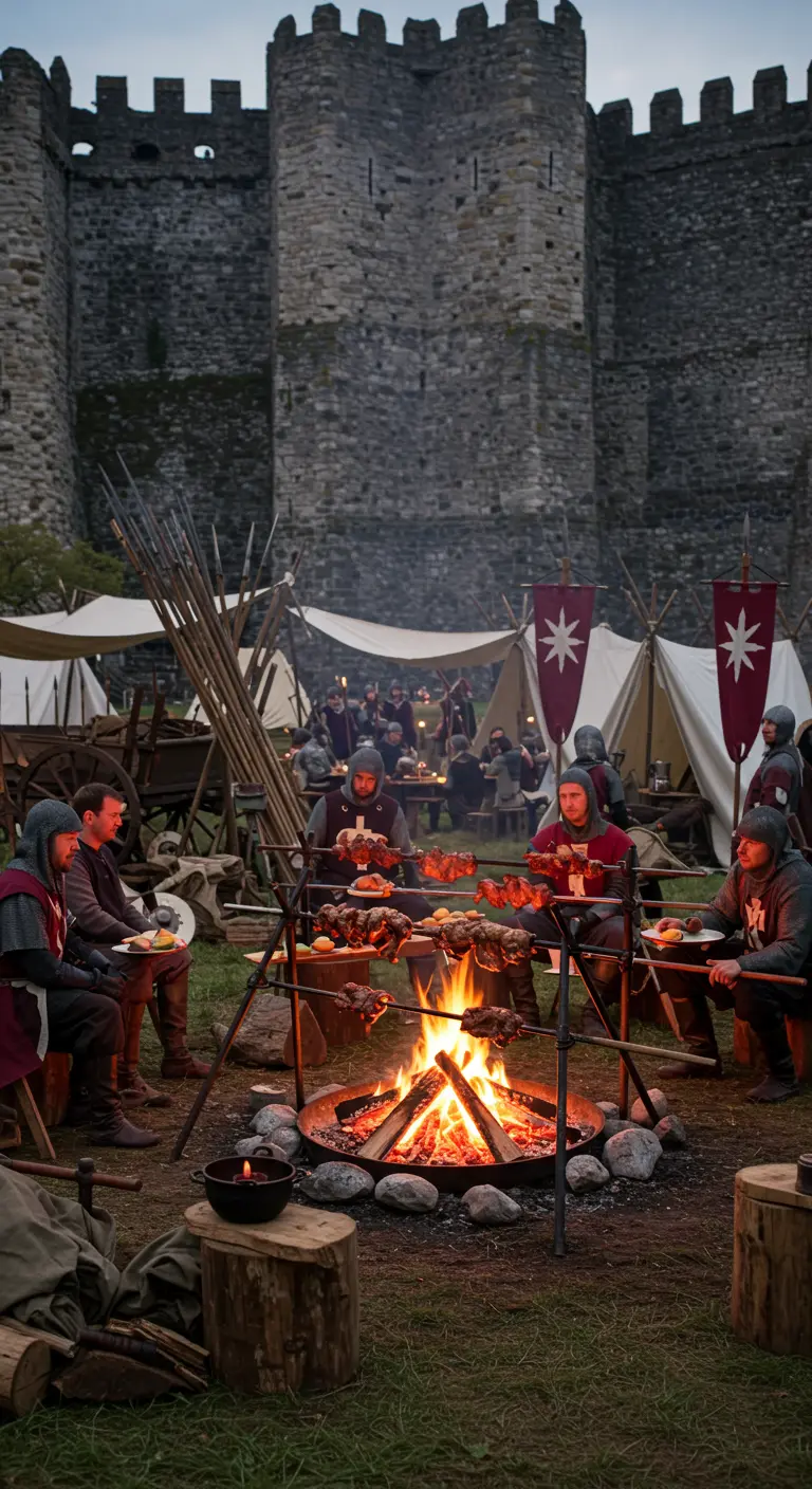 Soldats en armure mangeant de la viande rôtie autour d'un feu de camp.