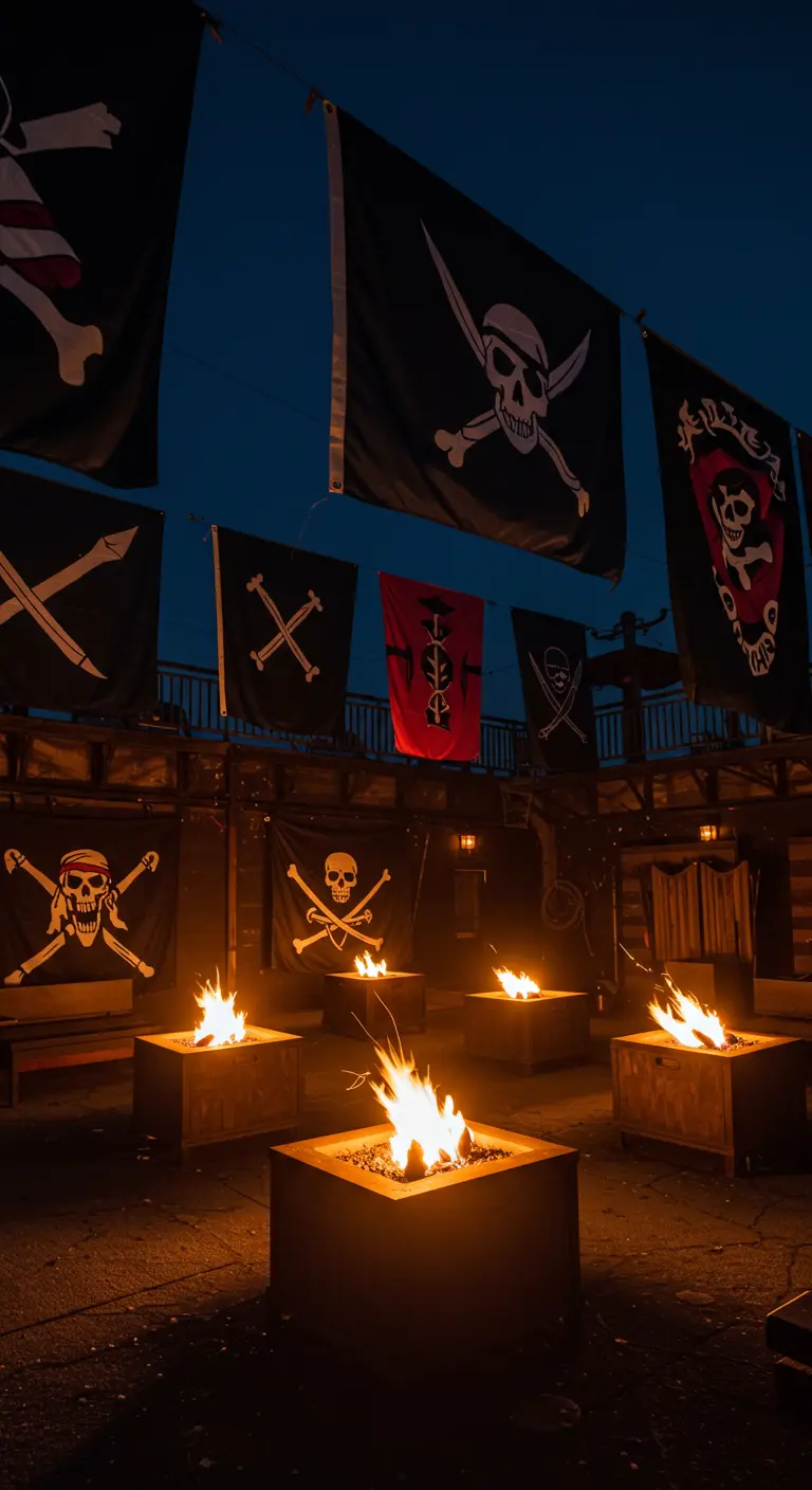 Espace extérieur de nuit avec de nombreux drapeaux pirates et des braseros allumés.