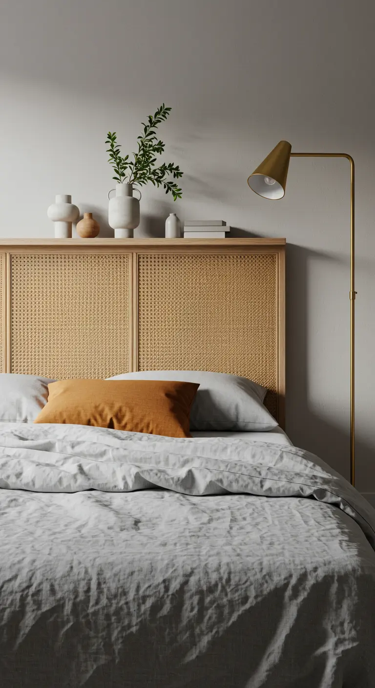 Tête de lit rectangulaire en bois clair et cannage avec une étagère supérieure.