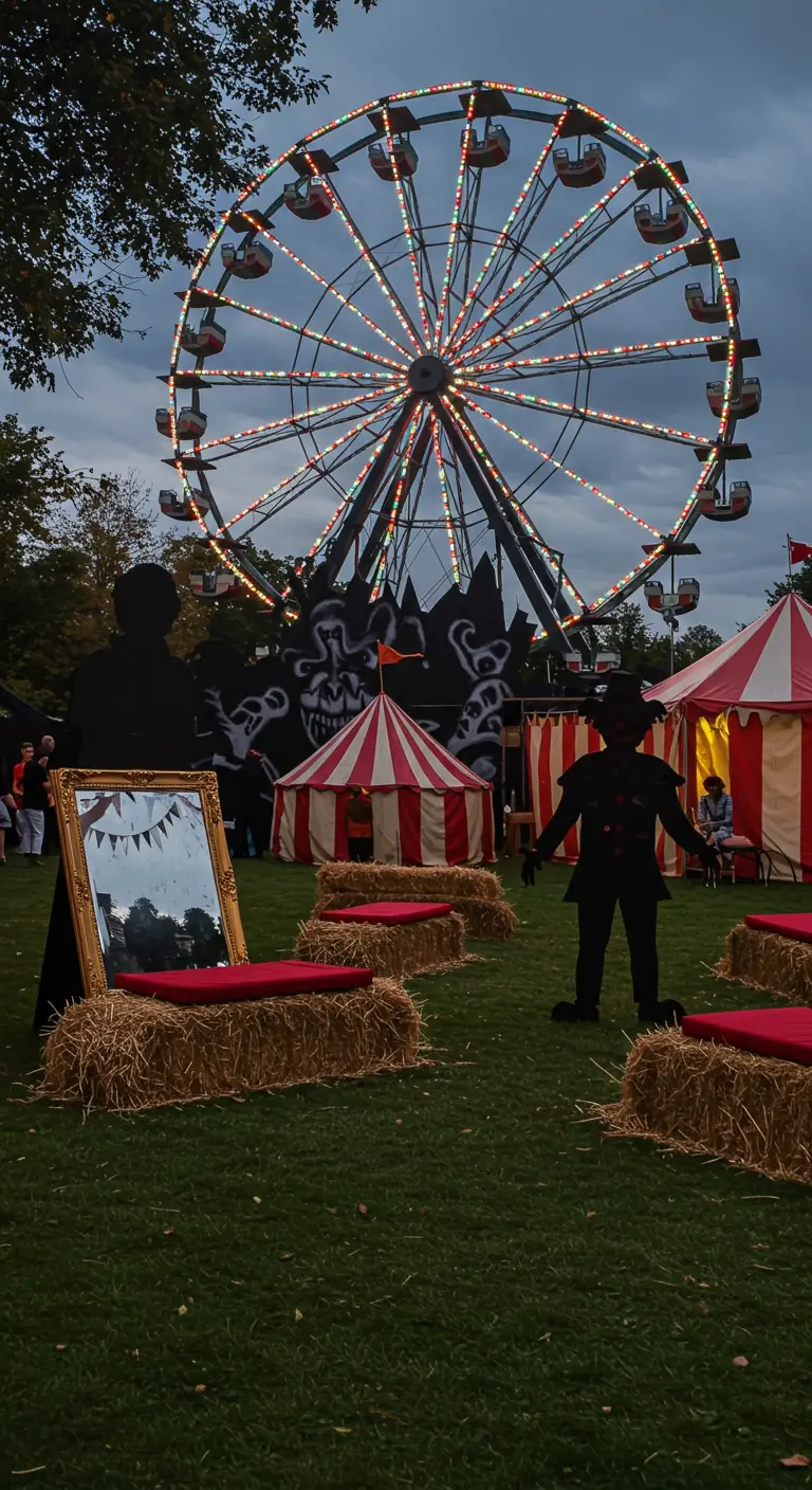 Scène de carnaval hanté avec une grande roue illuminée et des silhouettes effrayantes.