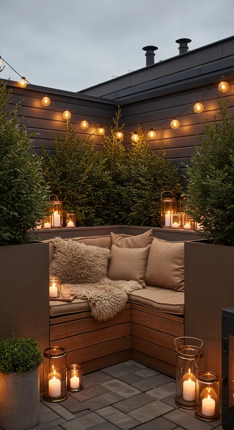 Terrasse sur le toit avec banquette d'angle en bois, plantes et guirlandes lumineuses.