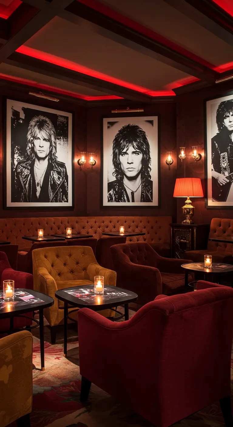 Salon chic avec de grands portraits de rock stars et des fauteuils.