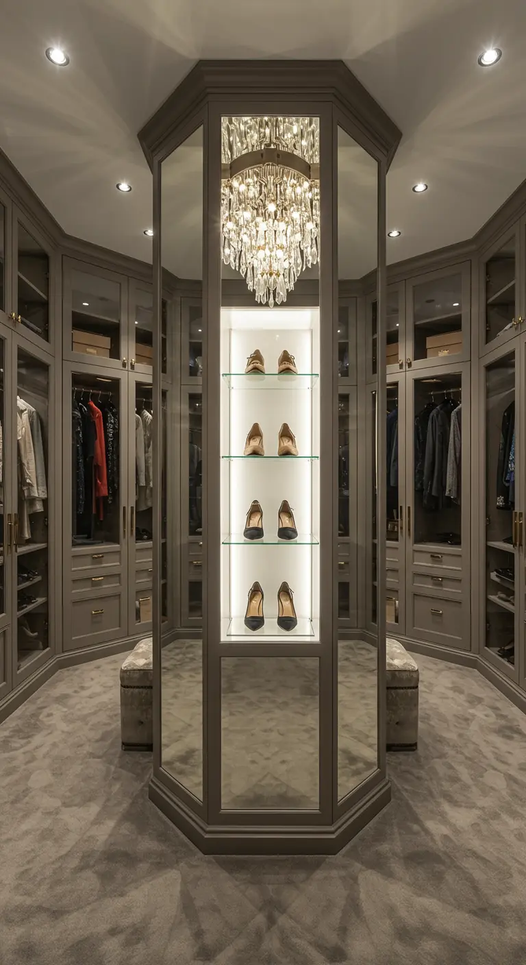 Dressing octogonal avec une vitrine centrale tournante pour les chaussures et un lustre.