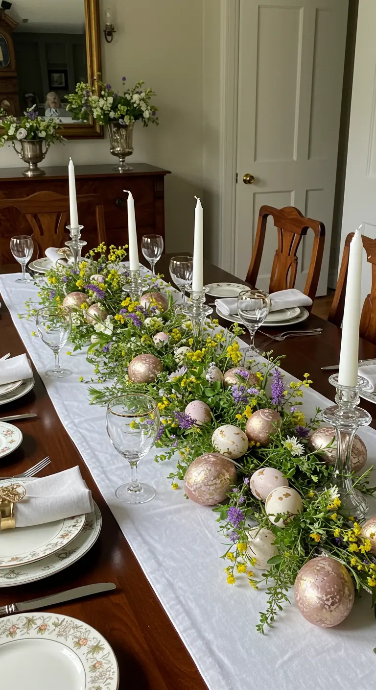 Centre de table luxuriant avec fleurs, œufs dorés et chandeliers sur une longue table.