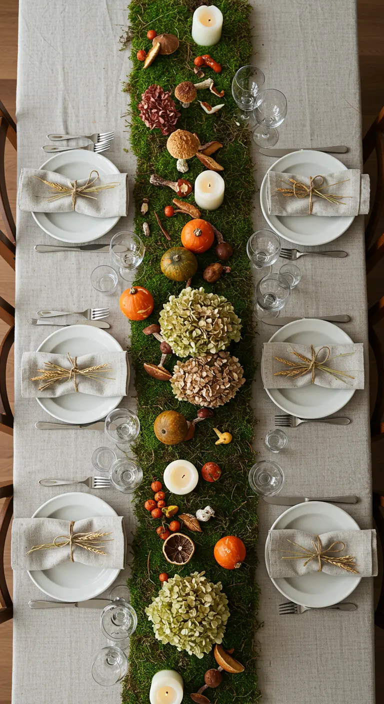 Vue plongeante d'une table dressée avec un chemin de table en mousse, hortensias et mini-citrouilles.
