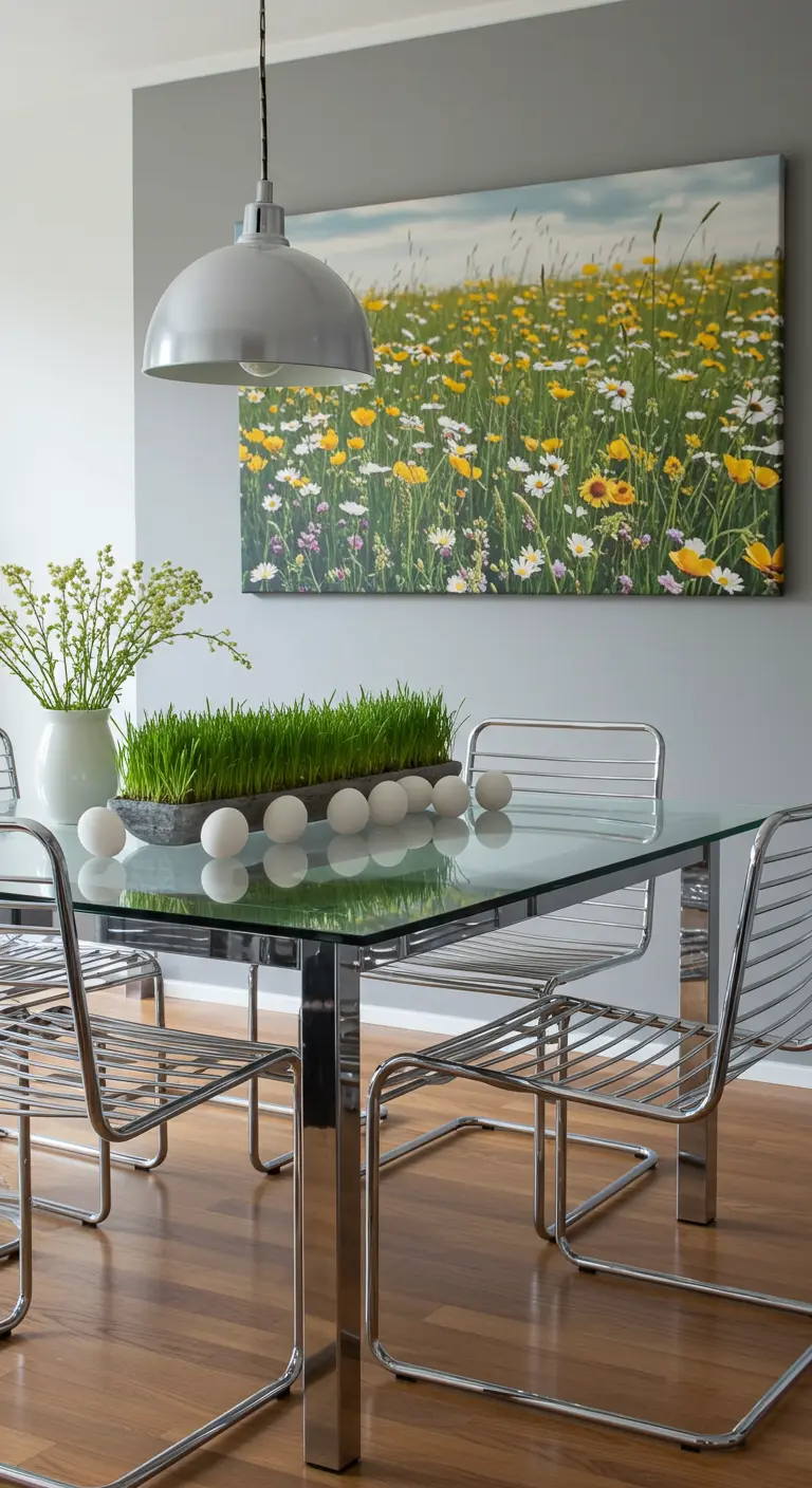 Table à manger moderne en verre avec un centre de table d'herbe et d'œufs blancs.