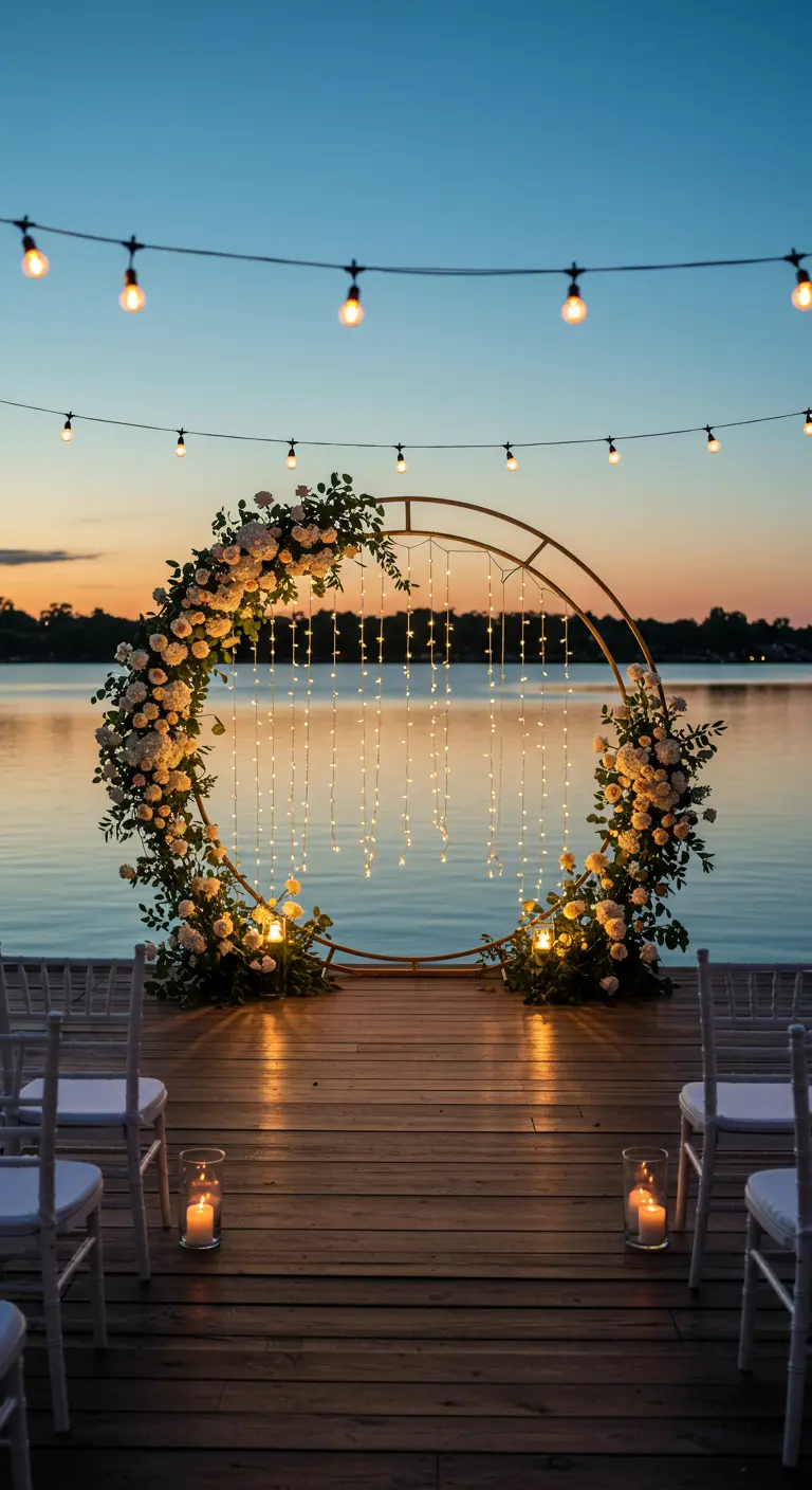 Arche circulaire dorée au bord de l'eau avec des fleurs blanches et des lumières en cascade.