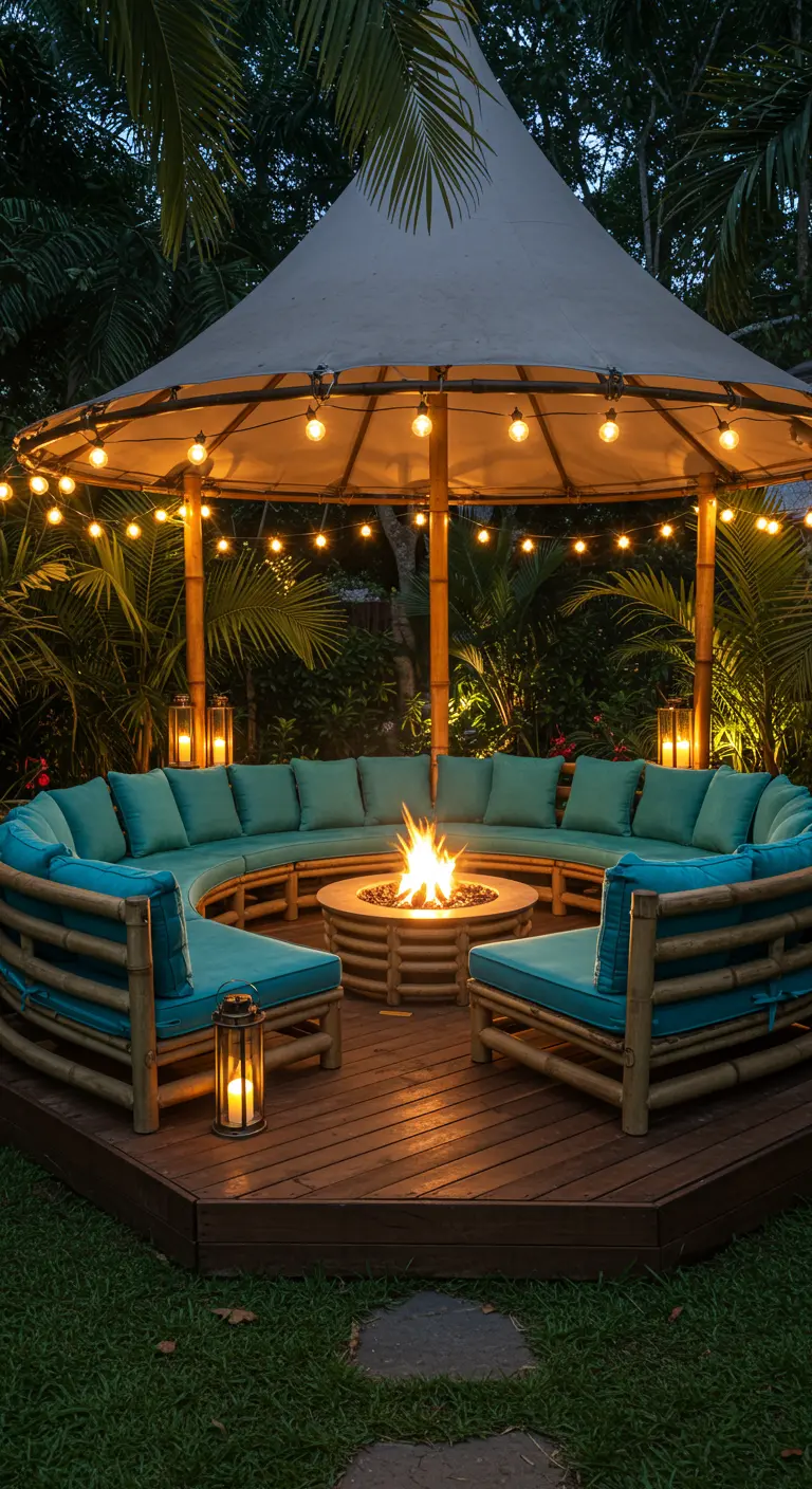 Salon extérieur circulaire en bambou et coussins turquoise autour d'un brasero, sous un auvent lumineux.