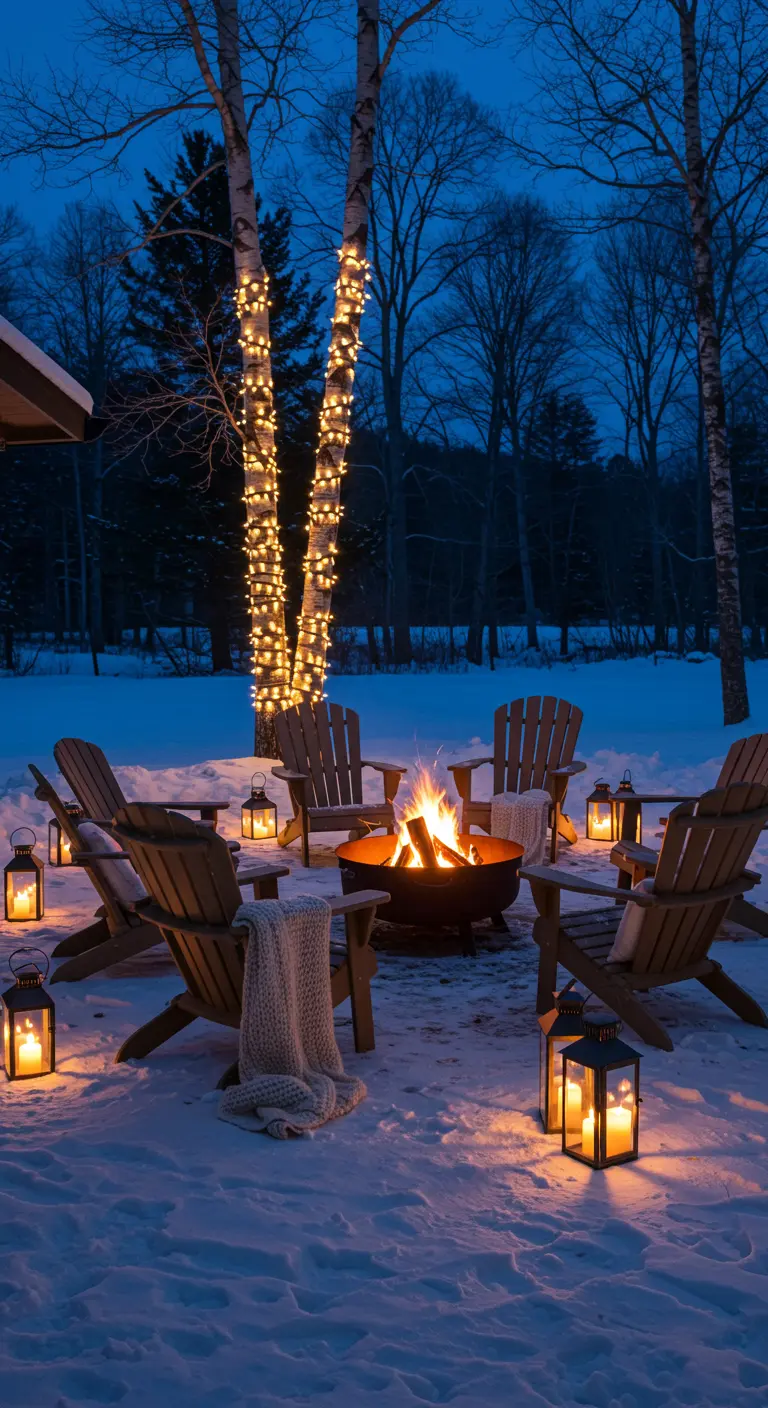 Groupe de chaises autour d'un brasero dans la neige, arbres illuminés.