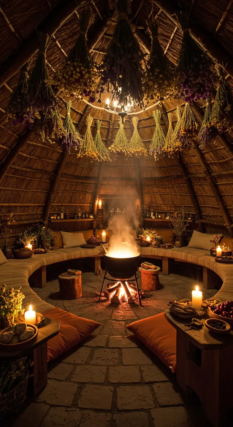 Intérieur d'une hutte circulaire avec des herbes séchées suspendues au plafond.