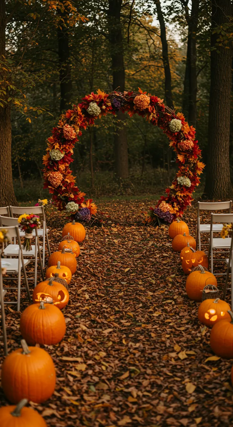 Arche de mariage circulaire ornée de fleurs et feuilles d'automne dans une forêt.