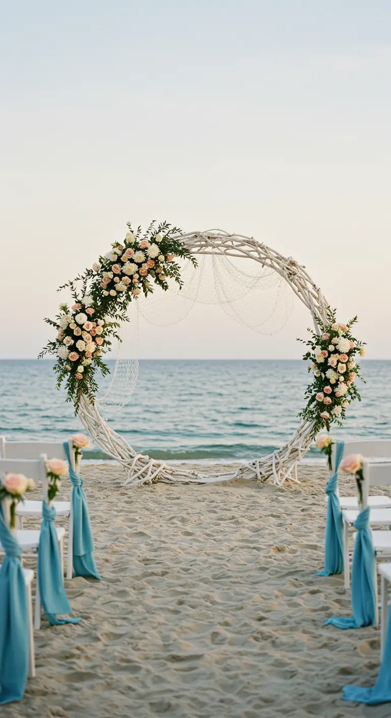Arche circulaire en branches blanches sur une plage, roses pêche/crème, filet décoratif, drapés bleus sur les chaises.