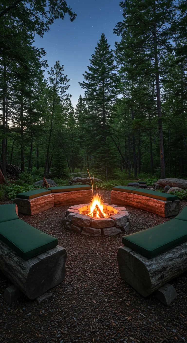 Coin feu rustique dans les bois avec des banquettes en rondins de bois, coussins verts, et foyer en pierre.