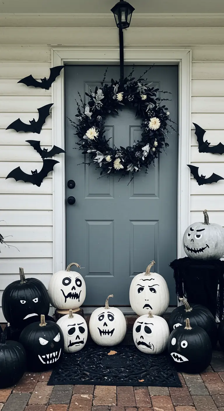 Citrouilles blanches et noires peintes avec des visages de fantômes devant une porte grise.