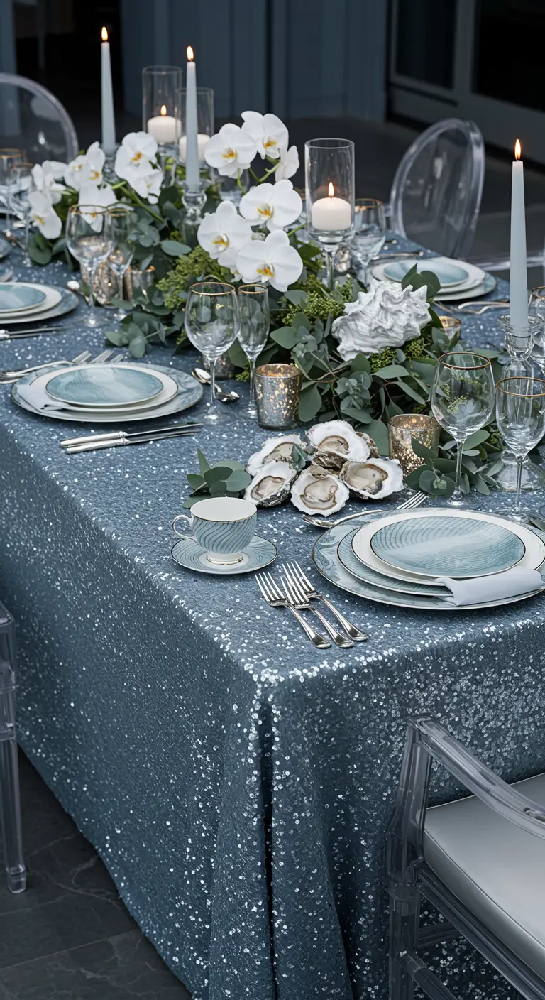 Table de fête avec nappe à paillettes bleues, orchidées blanches et huîtres.