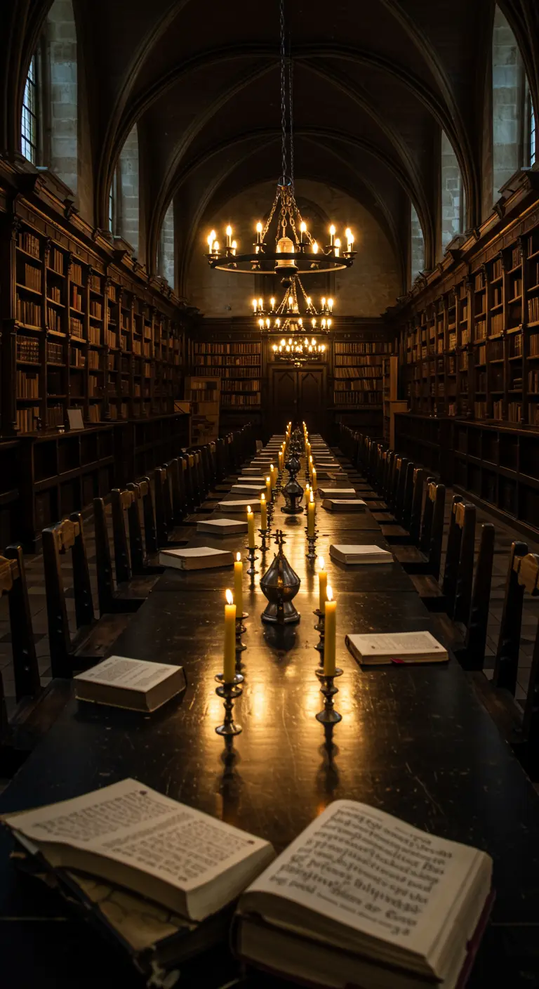 Longue table sombre dans une bibliothèque ancienne, éclairée par des chandeliers.