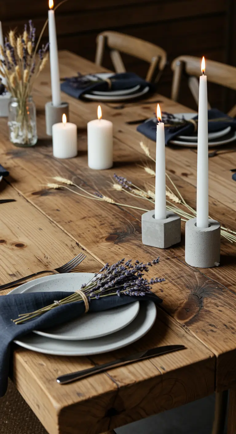 Table en bois, serviettes bleu foncé nouées de lavande, bougies blanches et bougeoirs en béton.