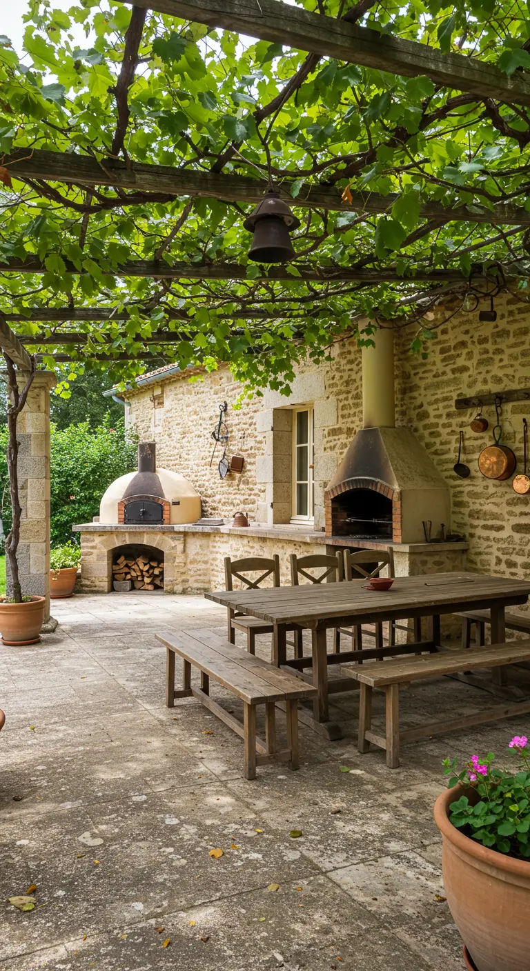 Cuisine d'été rustique en pierre avec pergola recouverte de vigne.