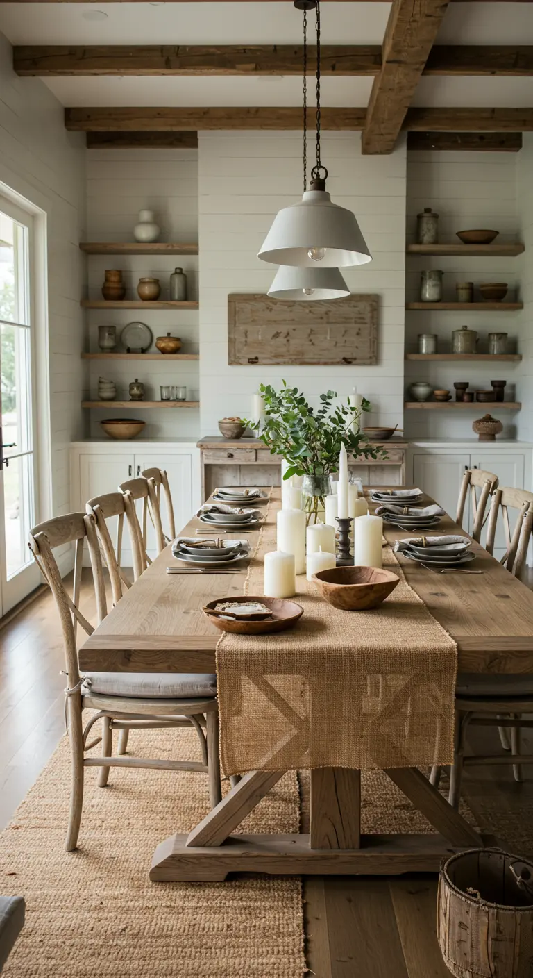 Chemin de table en jute sur une longue table en bois avec bougies et verdure